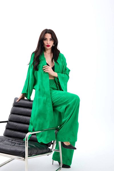 369 etnik butik Satin Patterned Belted Kimono and Wide Leg Pants Set