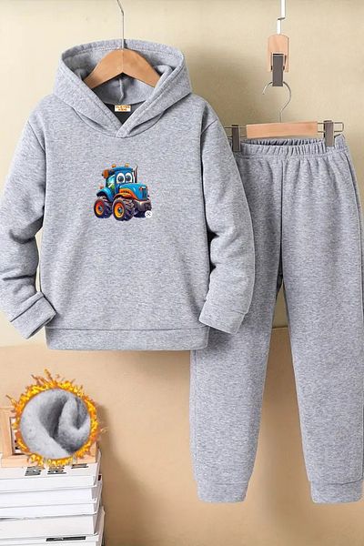 CLAYES Children's Gray Hooded Tracksuit Set Hooded Fabric Winter Set of Two - Little Tractor Printed