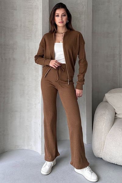 EYYE Brown Camisole Pants Bomber Jacket Women's Bottom Top Set