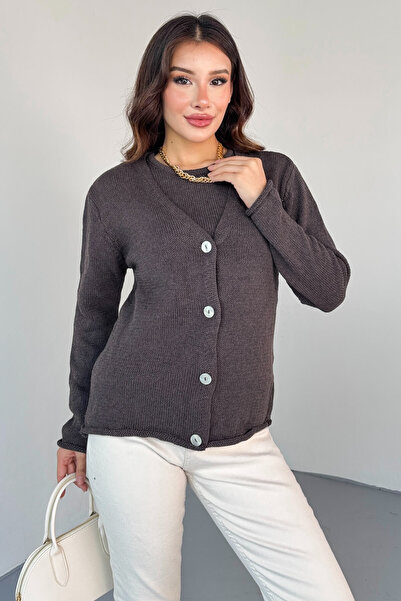 Cappmoda Tkm-13333 Brown V-Neck Pocket Button Detailed Vest & Seasonal Knitwear Double Set