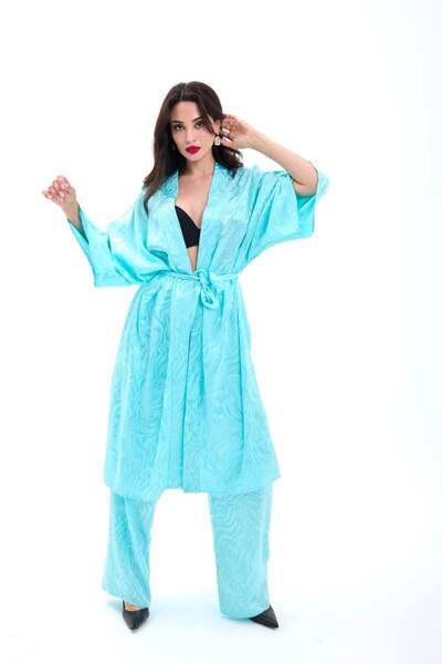 369 etnik butik Satin Patterned Belted Kimono and Wide Leg Pants Set