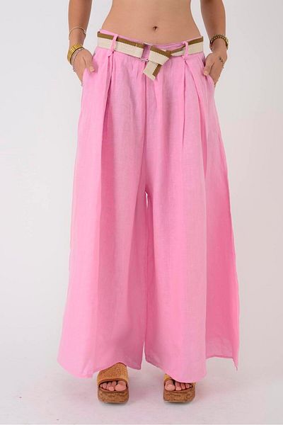 Park Moda 30522 Belt Detail Palazzo Wide Leg Linen Pants