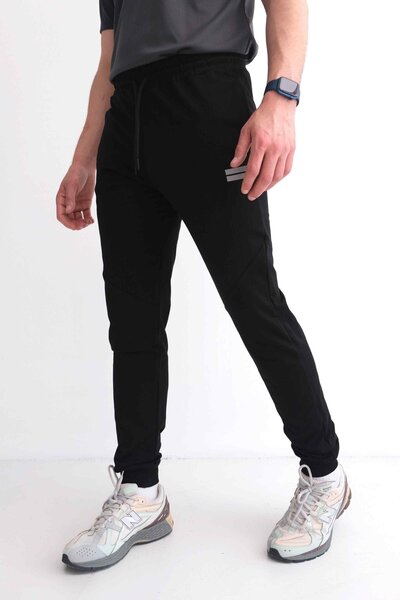 Behind Look Elastic Waist Narrow Leg Striped Comfortable Fit Black Sweatpants
