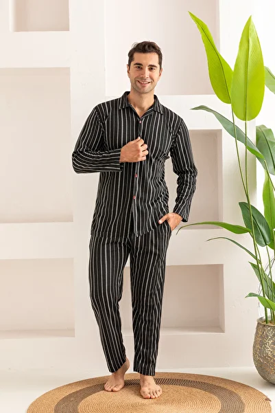BRAXELL Men's Jacquard Buttoned Cotton Pajama Set - Striped Men's Pajamas