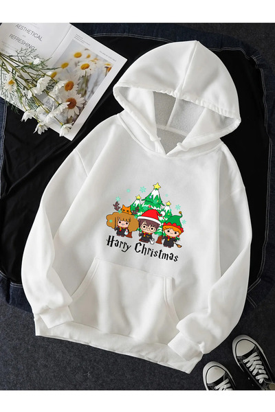 Harajuku Style Λευκό φούτερ HP Merry Christmas New Year με κουκούλα