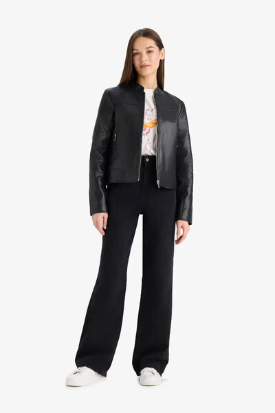 DeFacto Regular Fit Black Women's Leather Jacket E8532Ax/Bk27