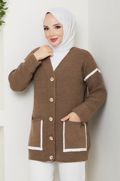 Pamuk Butik Women's Stripe Detailed Pocketed Thessaloniki Knitted Casual Sweater Cardigan