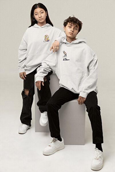 Harajuku Style Hanorac cu glugă alb cu tematică de foc și apă pentru iubit/în...