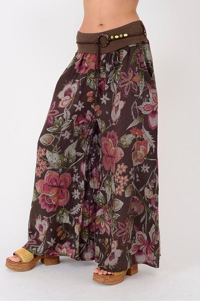 Park Moda 9530 Floral Pattern Wide Leg Belt Linen Pants
