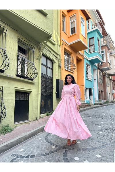 KÜÇÜĞÜM BUTİK Μοντέρνο ροζ πουά φόρεμα με φουσκωτό στρίφωμα