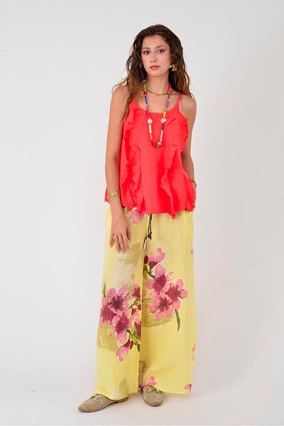 Park Moda 12219 Batik Flower Pattern Wide Leg Belted Linen Pants