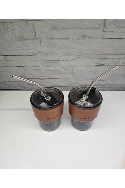 ALANYA HOME DECOR 2 Pcs Skin Glass Mug / Thermos 2 Pcs Skin Glass Mug with Steel Pipet Thermos Set