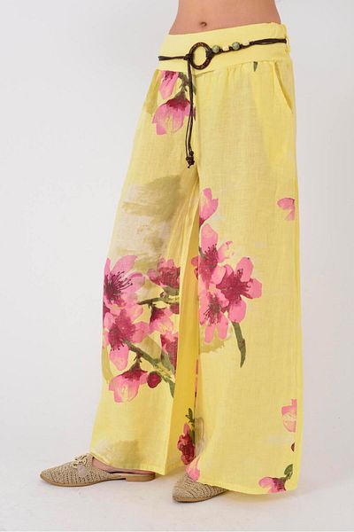 Park Moda 12219 Batik Flower Pattern Wide Leg Belted Linen Pants
