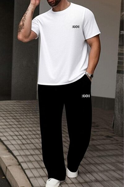 NO 601 Men's White Loose Cut Tshirt Black Wide Leg Summer Tracksuit 601 Printed Bottom Top Set