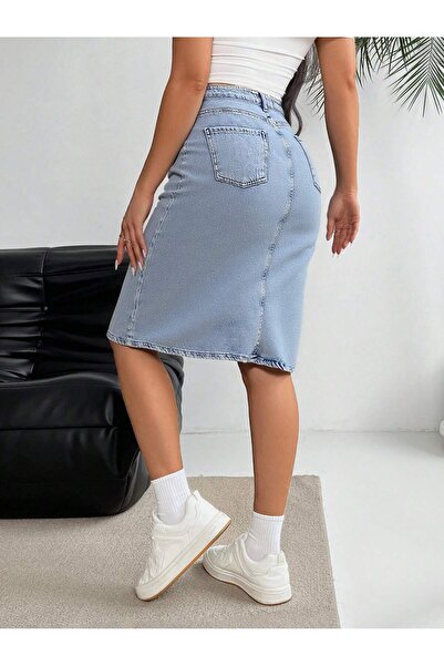 SHEVEGA Women's Stone Washing Front Zipper Detail Denim Skirt