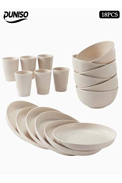 Generic 18-Piece Wheat Straw Tableware Set, Reusable, Including Bowls, Cups, ...