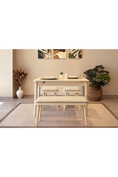 Rabi MİORA MİNİ AÇILIR MUTFAK MASA TAKIMI, KREM KREM ( 1 Masa + 2 Bench + 2 Tabure )