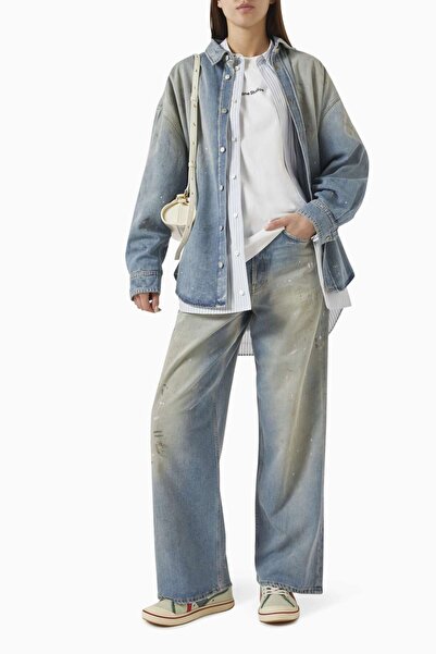 Acne Studios Açık Mavi Super Baggy-Fit Jean - %60 Pamuk, %40 Lyocell - Boya ve Lekeli Detaylar