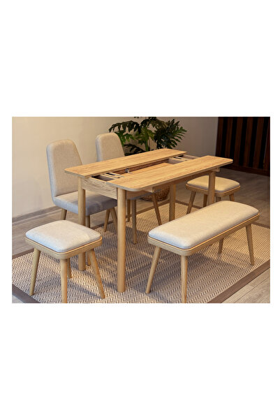 Rabi MİORA MİNİ AÇILIR MUTFAK MASA TAKIMI, KARİNA MEŞE KREM(1 MASA + 2 SANDALYE + 2 TABURE + 1 BENCH)