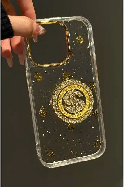 EDELFU iPhone 13/14 Gold Color Stone Rotating $ Icon Transparent Phone Case – Luxury Design
