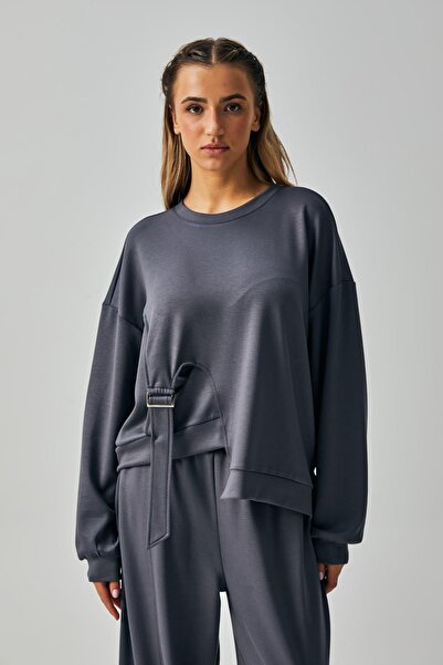 minaaise Women's Anthracite Modal Fabric Buckle Design Sweatshirt 28034-1