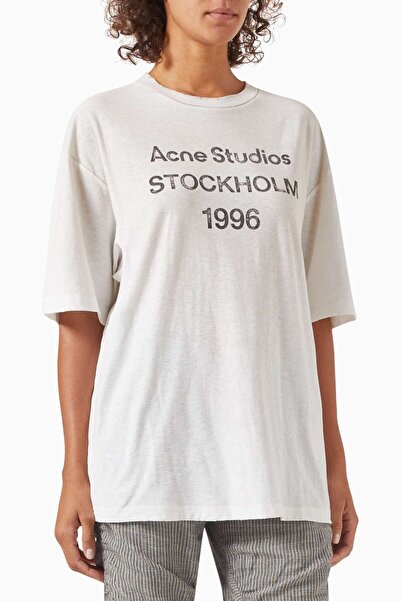 Acne Studios 1996 Logo Damgalı Tişört - Beyaz - Pamuk Karışımı (85% Pamuk, 15...