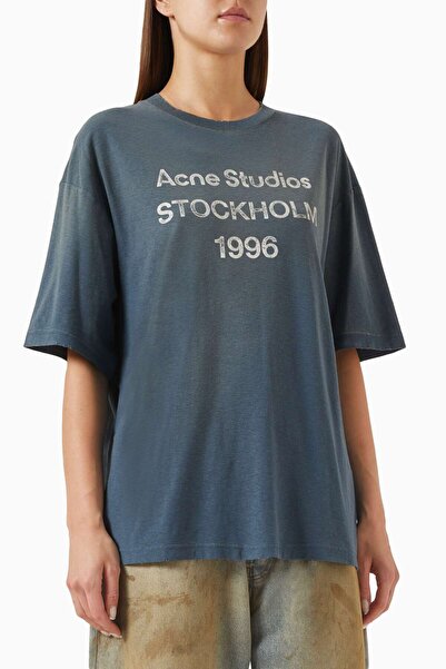 Acne Studios 1996 Logo Printed T-Shirt - Blue - Cotton Blend (85% Cotton, 15% Linen)