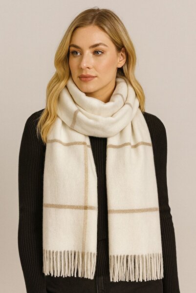 sf collection Eșarfă de iarnă cu model în carouri de culoare crem pentru femei - textură groasă și moale