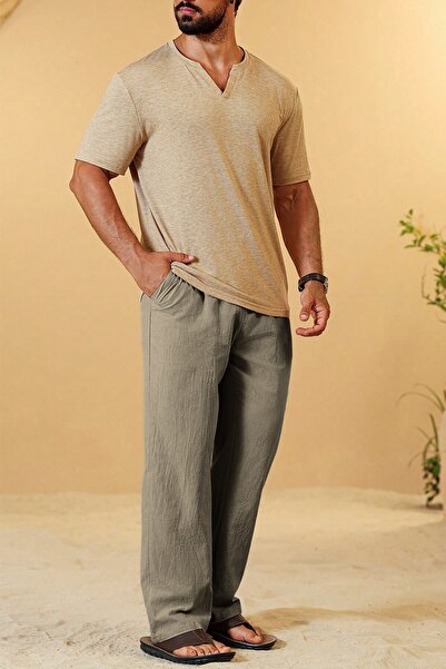 GHASSY CO. Ghassy Co. Erkek %100 Cotton Muslin Keten Karışım Rahat Ultra Hafif Ev İçi/Dışı Keten Pantolon