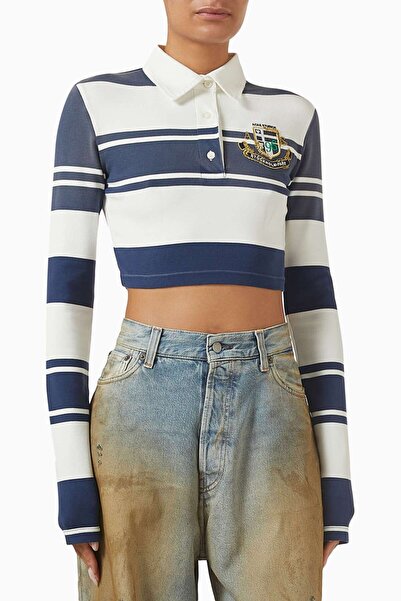 Acne Studios Blue-White Striped Crop Polo - 98% Cotton, 2% Elastane, Organic ...