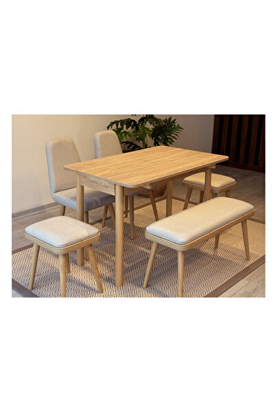 Rabi MİORA MİNİ AÇILIR MUTFAK MASA TAKIMI, KARİNA MEŞE KREM(1 MASA + 2 SANDALYE + 2 TABURE + 1 BENCH)