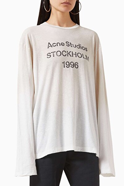 Acne Studios Beyaz 1996 Logo Baskılı Tişört - Pamuk Karışımı - Oversize Kesim - Asit Yıkama Detayları