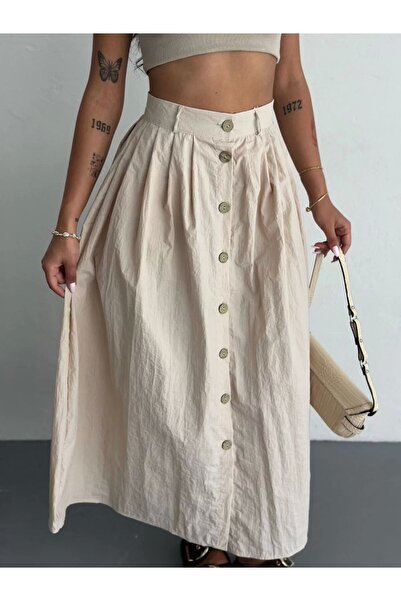 bysoca Kadın Krem Yüksek Bel Önden Düğmeli Kloş Kesim Midi Boy Oversize Poplin Etek