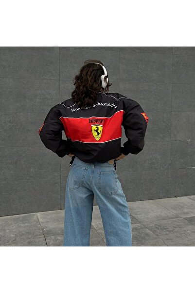 Gofeel Siyah Kırmızı Ferrari Desenli Racing Unisex Oversize Bomber Ceket