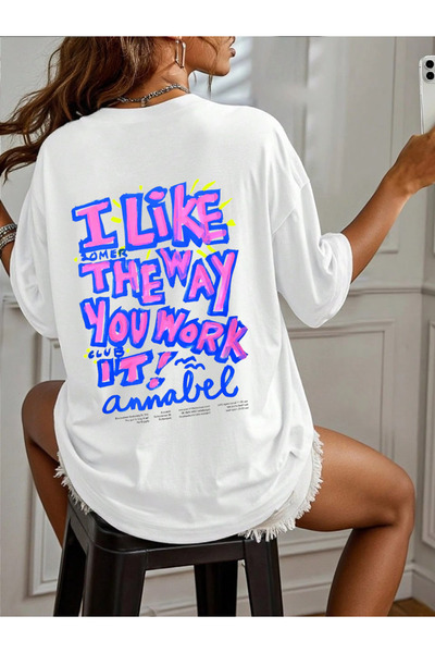 ELNOYA Unisex White Oversize "I Like the Way Yor Work It" Printed Collar T-Shirt