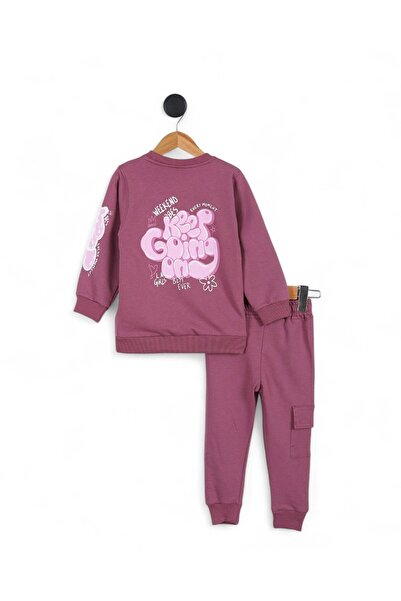 VOY KİDS Kız Çocuk Sırtı Baskılı Sweatshirt ve Kargo Cepli Eşofman Altlı 6-7-8-9-10 Yaş Eşofman Takımı