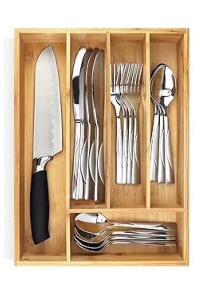 Generic 5-Grid Bamboo Cutlery Tray Organizer | Expandable Kitchen Drawer Orga...