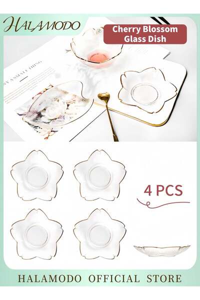 Generic HALAMODO 4-Piece Cherry Blossom Glass Dish Set Clear Dipping Bowls Small Snack Bowls Sauce Dishes M