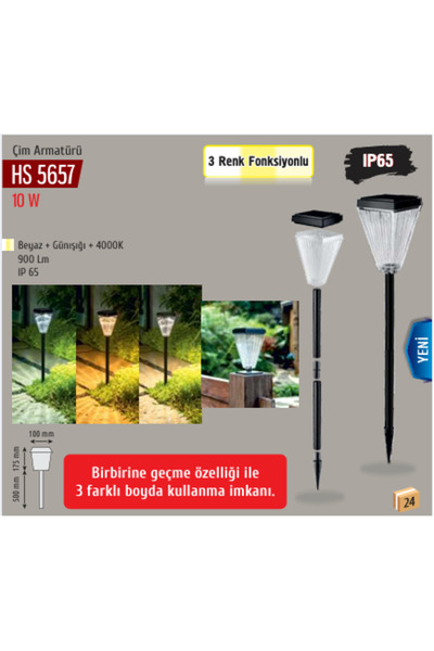 Helios 10W 3RENK (BEYAZ+4000K+GÜNIŞIĞI) KAZIKLI SOLAR BAHÇE ARMATUR HS-5657