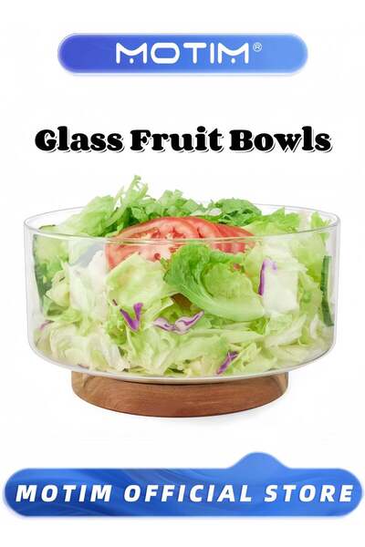 Generic Motim Glass Fruit Plate Serving Bowls Party Salad Bowls with Acacia Wood Base and Serving Utensils
