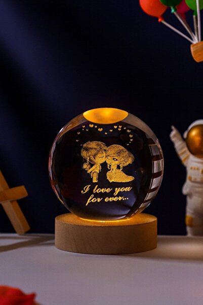 Lexi Bella Ledli USB'li Ahşap Standlı Sevgili Çiftler I Love You Forever Temalı Kristal Küre Gün Işığı 3D Lamba
