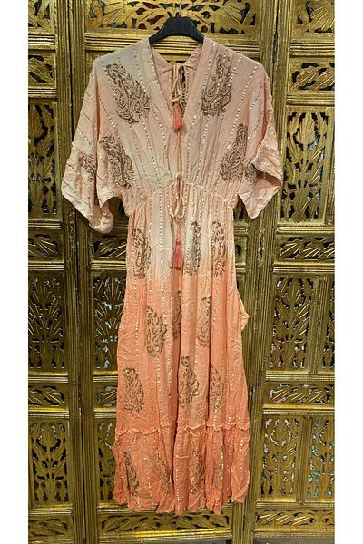 MODAGK Lined Linen Helen Dress with Bead and Embroidery Detail - Orange