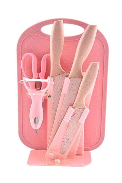 Generic 7pc Wheat Straw Kitchen Knife With Cutting Board Set pink