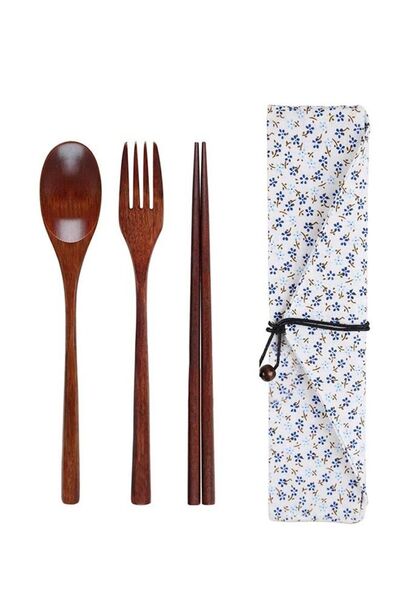 Generic Wooden Fork Spoon Chopsticks Three-piece Suit Travel Portable Tablewa...