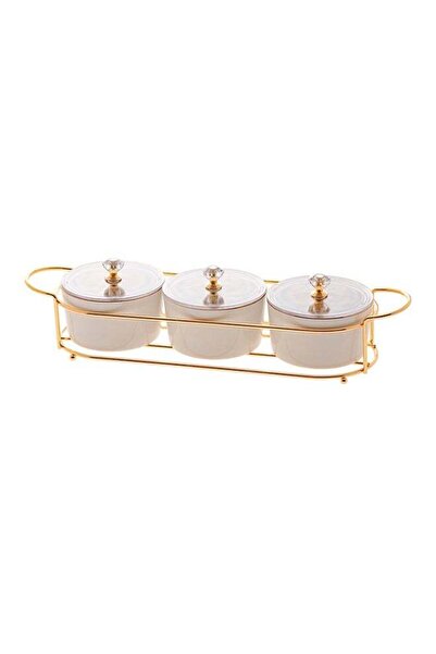 Generic 3-Piece Sugar Bowls Set With Holder White/Gold 34x10x5cm