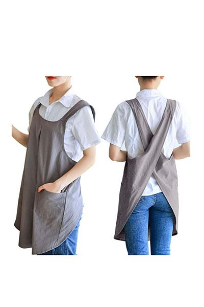Generic SYOSI Soft Cotton Linen Apron Solid Color Halter Cross Bandage Aprons with 2 Pockets Womenâ€™s Cros