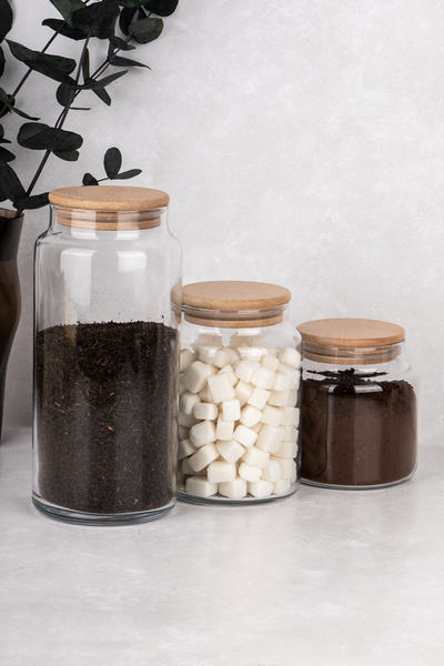 Dolkin Home Set of 3 Wooden Vacuum-Lid Jars 1300-800-500 ml Glass Jar Set