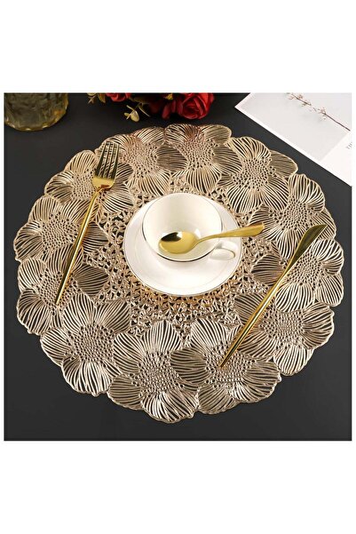 Generic SYOSI Gold Round Placemats for Dining Table, Set of 6 Pressed Hollow Out Non-Slip Vinyl Metallic Pl