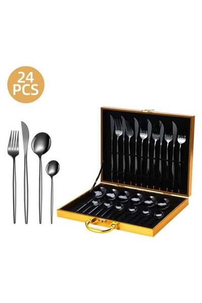 Generic XIANGYU Stainless Steel Black Knife Fork Spoon Flatware Set Hotel Restaurant 24 Cutlery Set