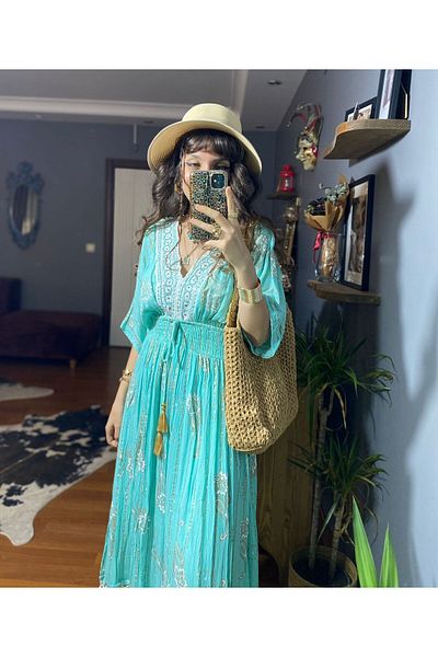 MODAGK Embroidery Detailed Lined Linen Helen Dress Turquoise